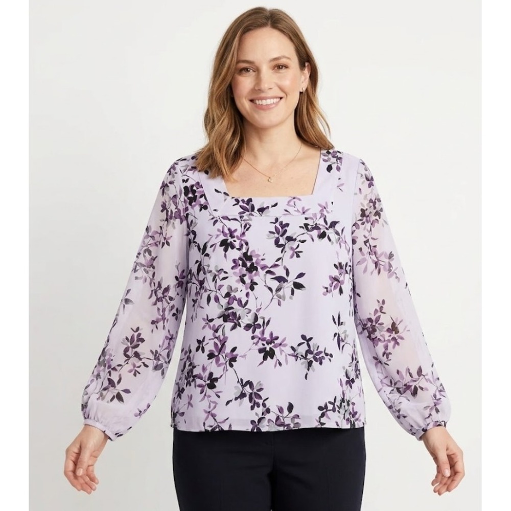 Calvin Klein Purple Floral Square Neck Puff Sleeve Blouse Large Office